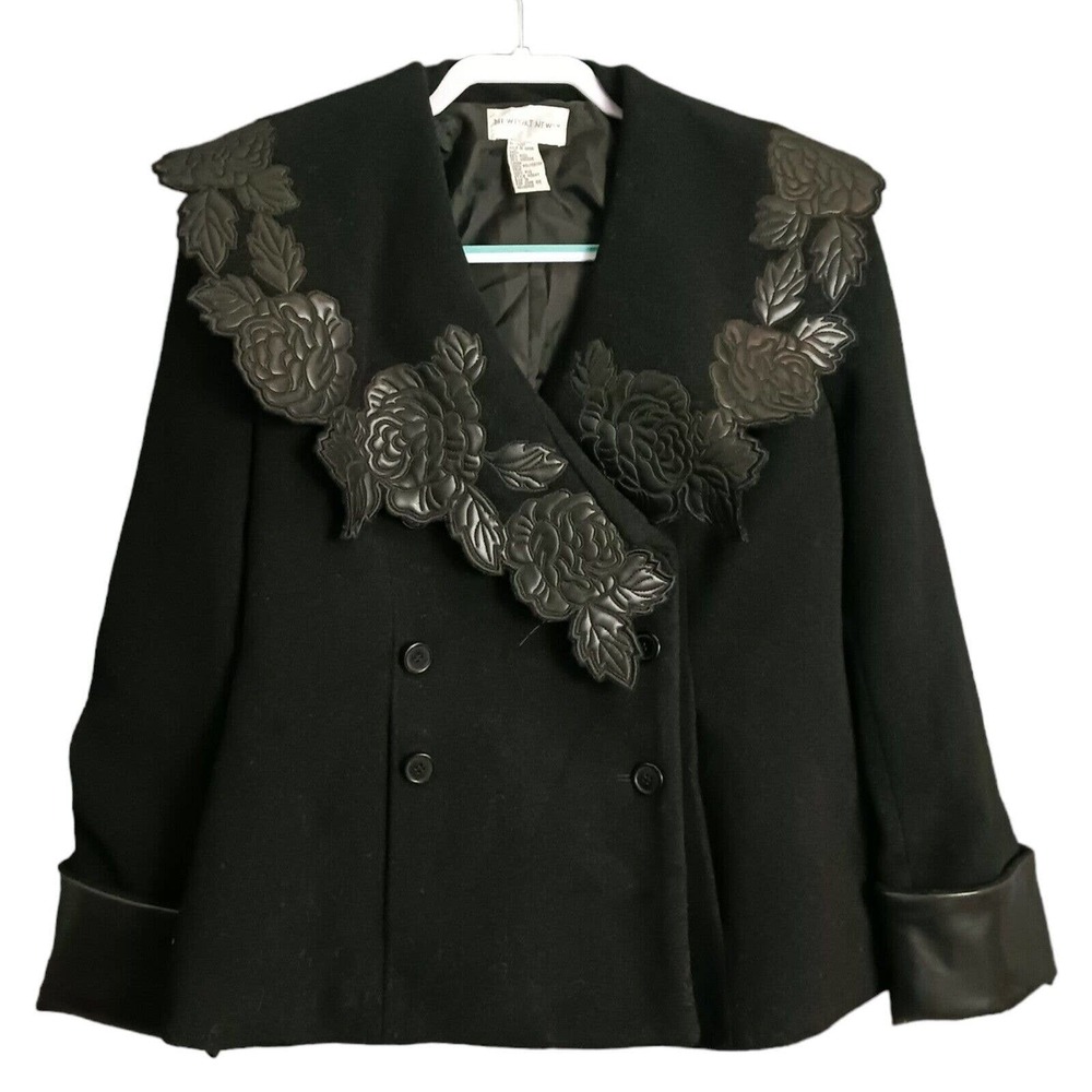 Newport News Black Double-Breasted Pea Coat with Floral Appliqué